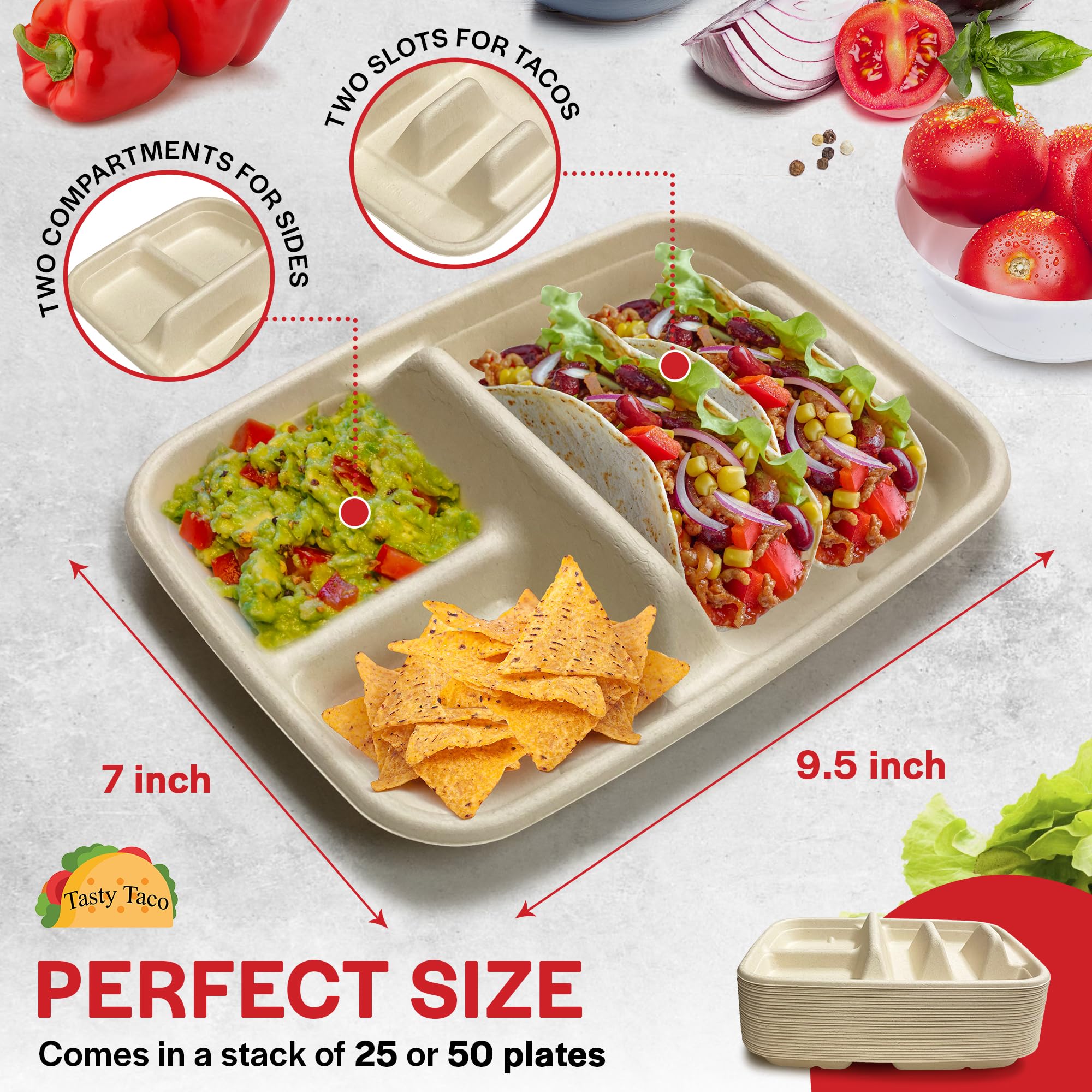 Disposable Taco Plates for 2 Tacos & 2 Sides – 25 PACK | Premium Paper Plates with Dividers, Fiesta Taco Holder, Taco Stand for Taco Tuesday & Taco Bar Serving Set Taco Plates (25 Plates) (Beige)