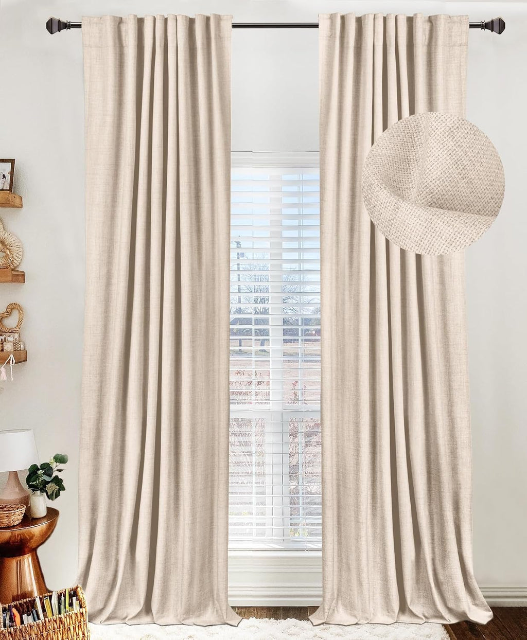 Skiennix 100% Blackout Linen Curtains - Thermal Insulated Drapes for Bedroom | 50" W x 72" L, Beach Sand