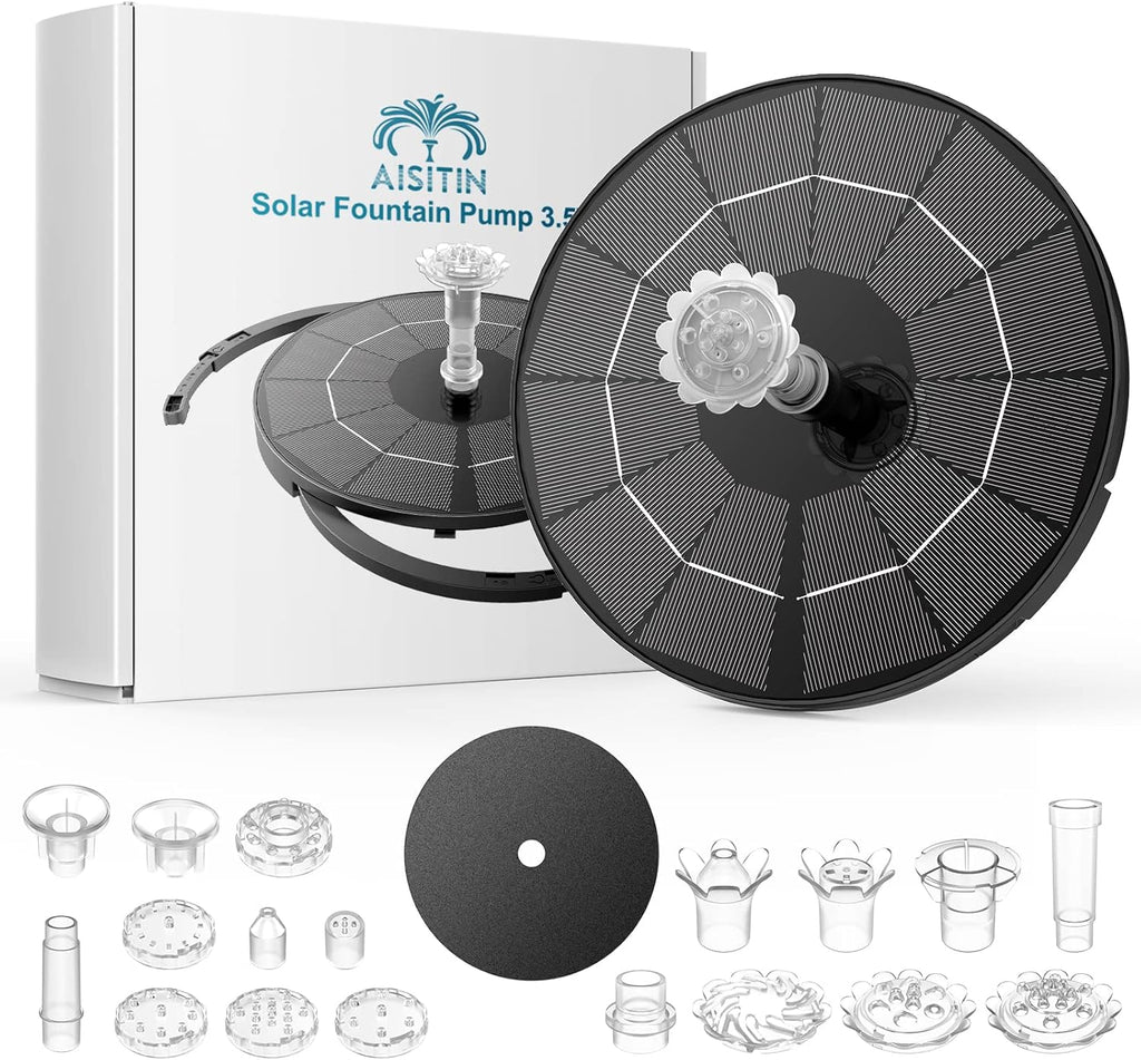 AISITIN Solar Fountain Pump - DIY Water Feature with 6 Nozzles & 3.9ft Cord | Perfect for Bird Baths & Gardens