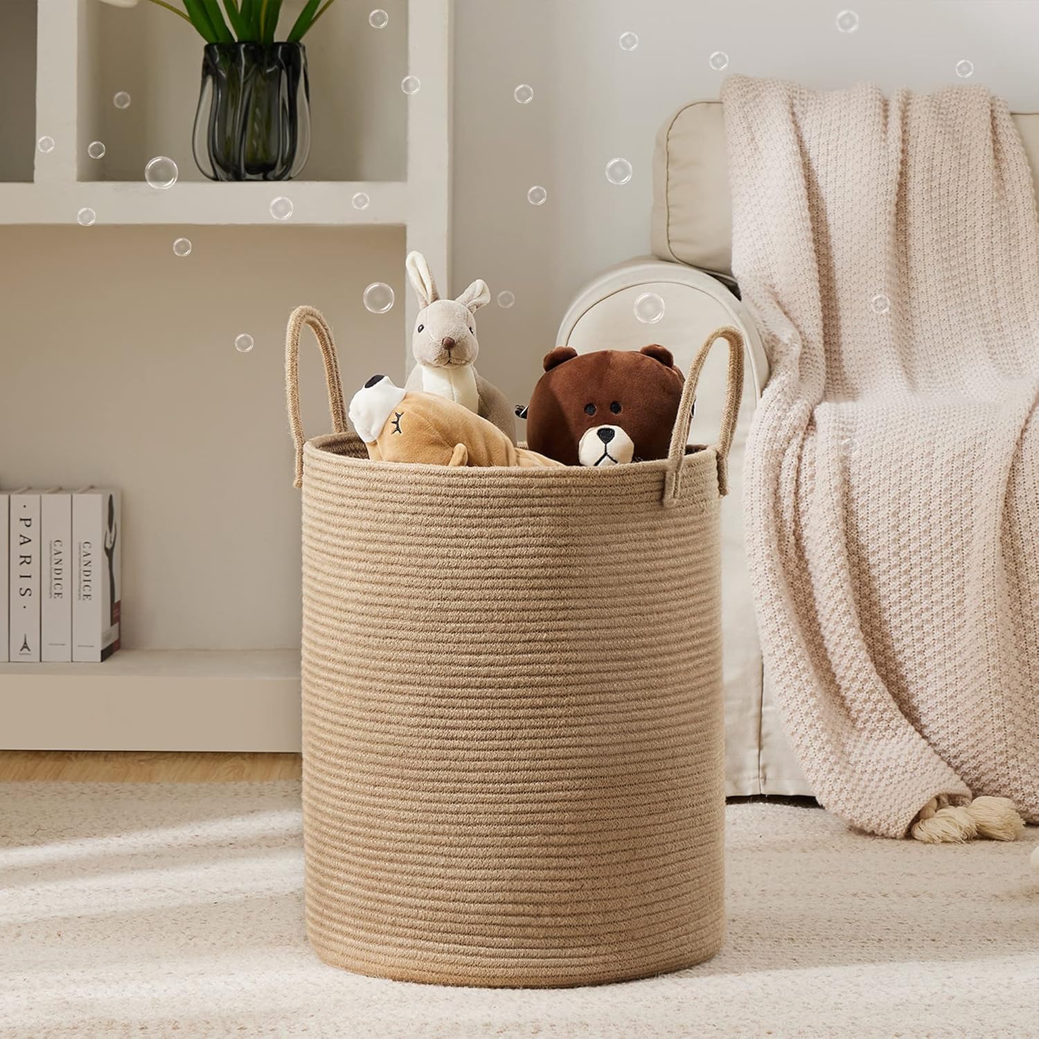 YOUDENOVA Jute Rope Laundry Hamper - 58L Tall Basket for Baby Nursery & Blanket Storage - Large Jute