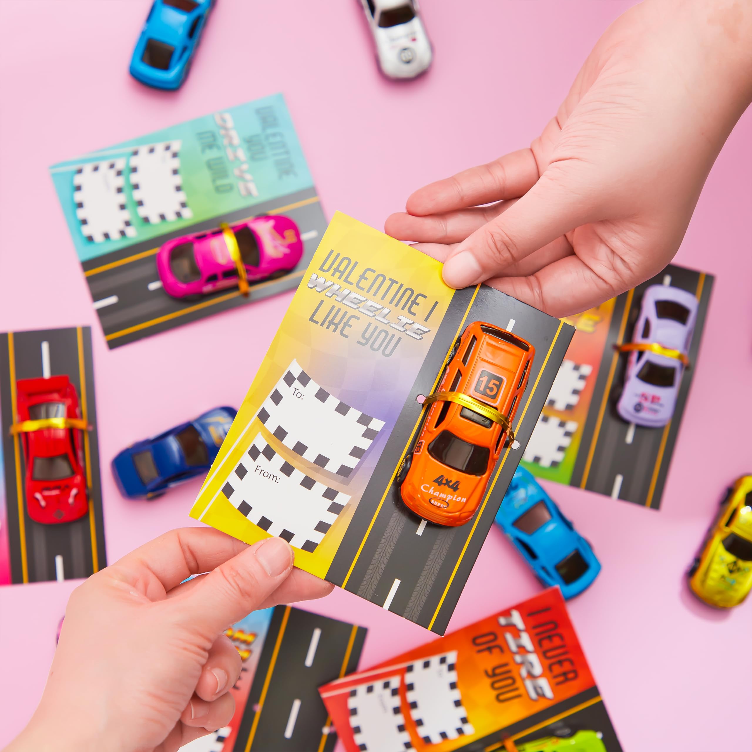 JOYIN 35 Valentines Day Die-Cast Racing Cars Gift Cards for Kids with Valentine’s School Classroom Exchange Greeting Cards, Vehicle Party Favor Toy Supplies