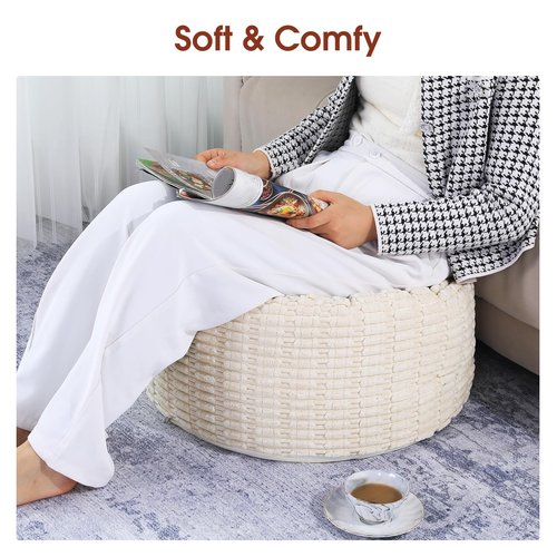 HOMBYS Unstuffed Ottoman Pouf Cover,Round Faux Fur Foot Stool, Fuzzy Chair, Floor Bean Bag(No Filler),Foot Rest with Storage for Living Room, Bedroom, Office, Striped Tufted (Beige)