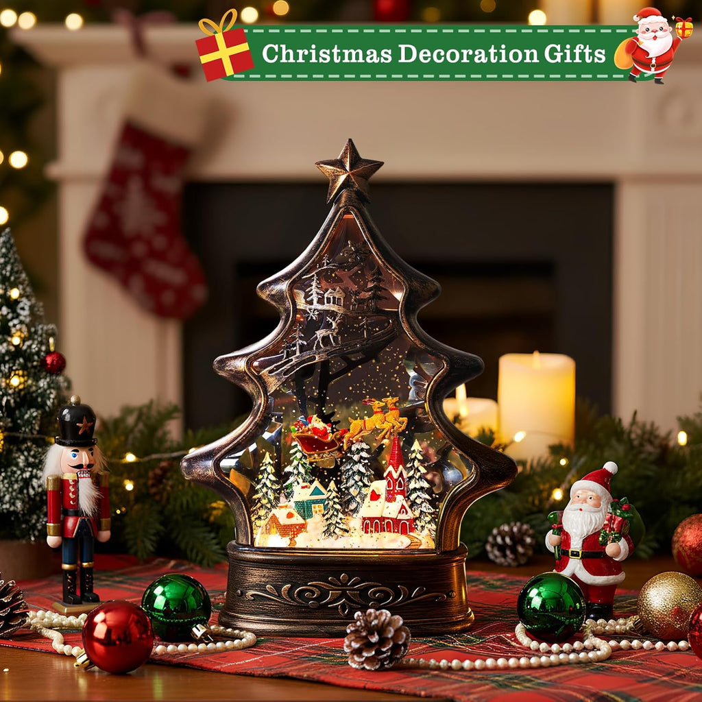 Regine Switzerland Christmas Snow Globe Lantern - Glittering Buildings & Santa's Deer | USB & Battery Operated with Music & Timer