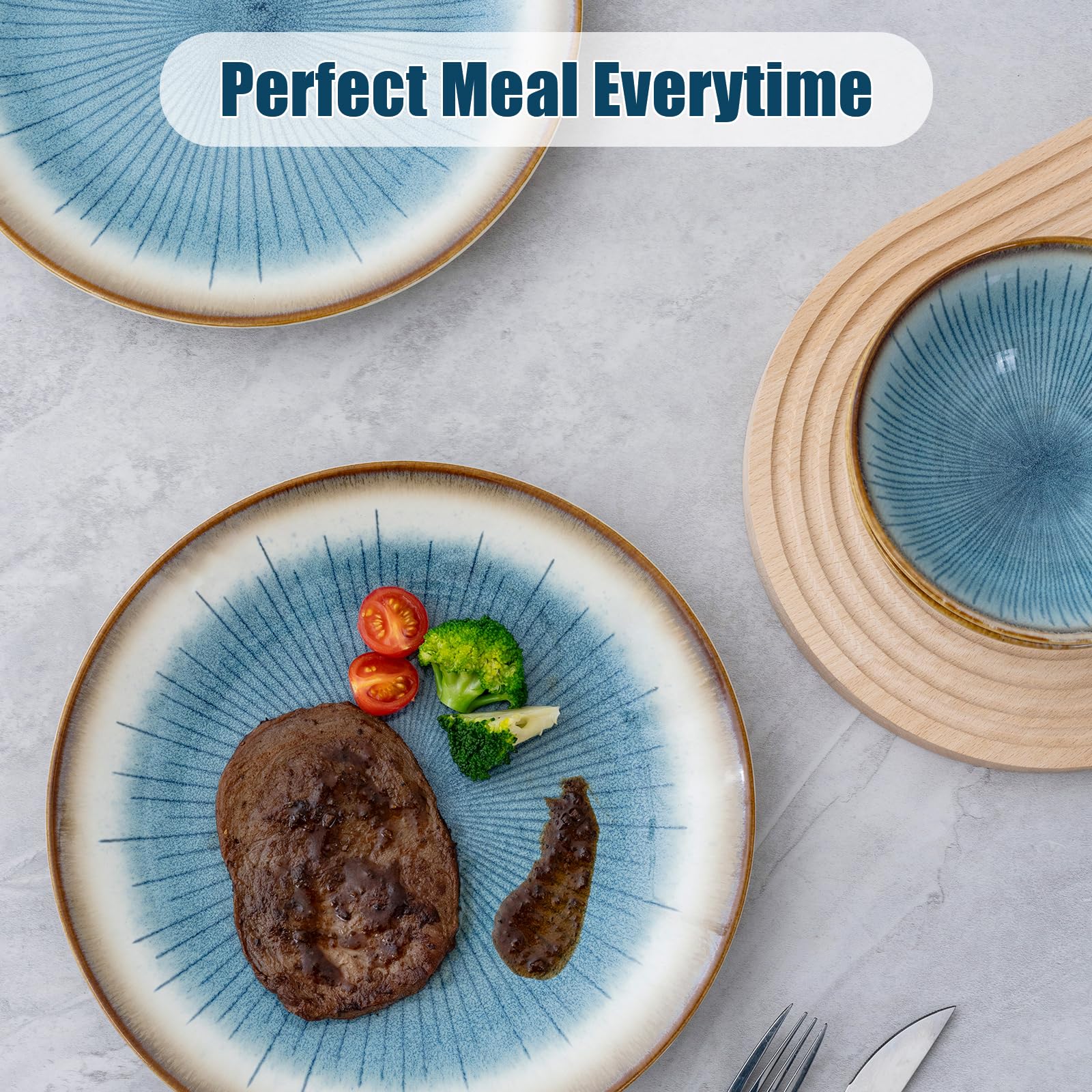 WHITEPEONY Blue Stoneware Dinnerware Set, 12 Pieces, Blue Stripe Marble, Dishwasher & Microwave Safe