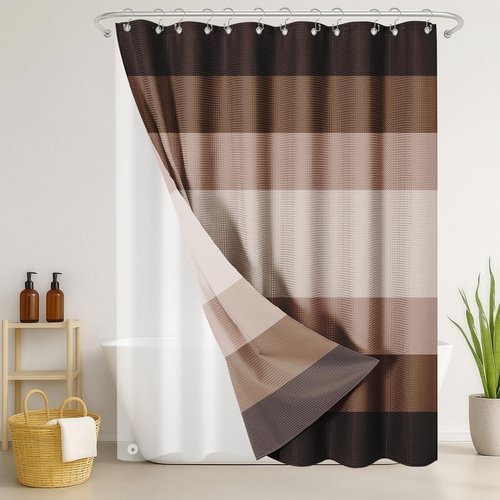Nesphy Shower Curtain and Liner, Brown Striped 3 in 1 Shower Curtain and PEVA Liner Set with 12 Rust-Resistant Metal Hooks, Waterproof Fabric Shower Curtains for Bathroom, 72 W x 72 H