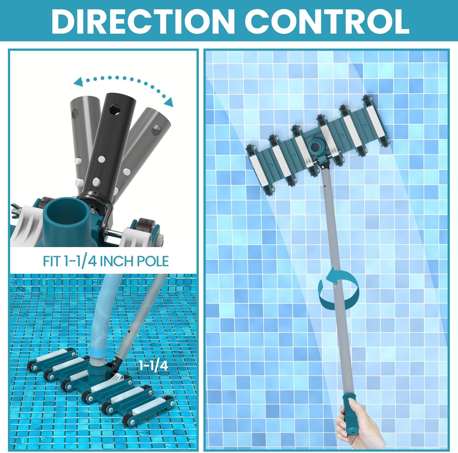 POOLWHALE 19" Heavy Duty Pool Vacuum Head - Flexible, Extra-Wide Design with Swivel Handle for Easy Cleaning