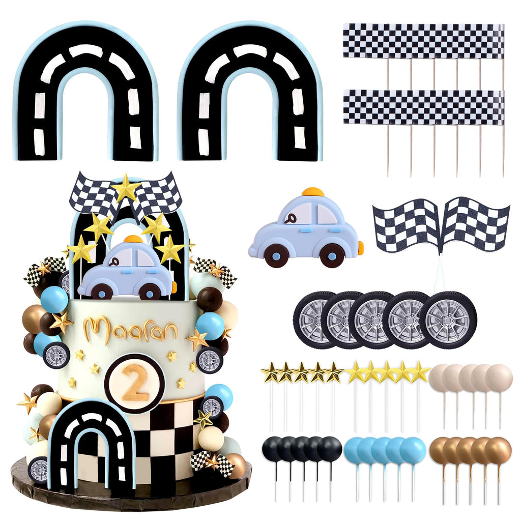64PCS Race Car Cake Topper Cars Cake Topper Car Birthday Party Decoration Race Track Decorations