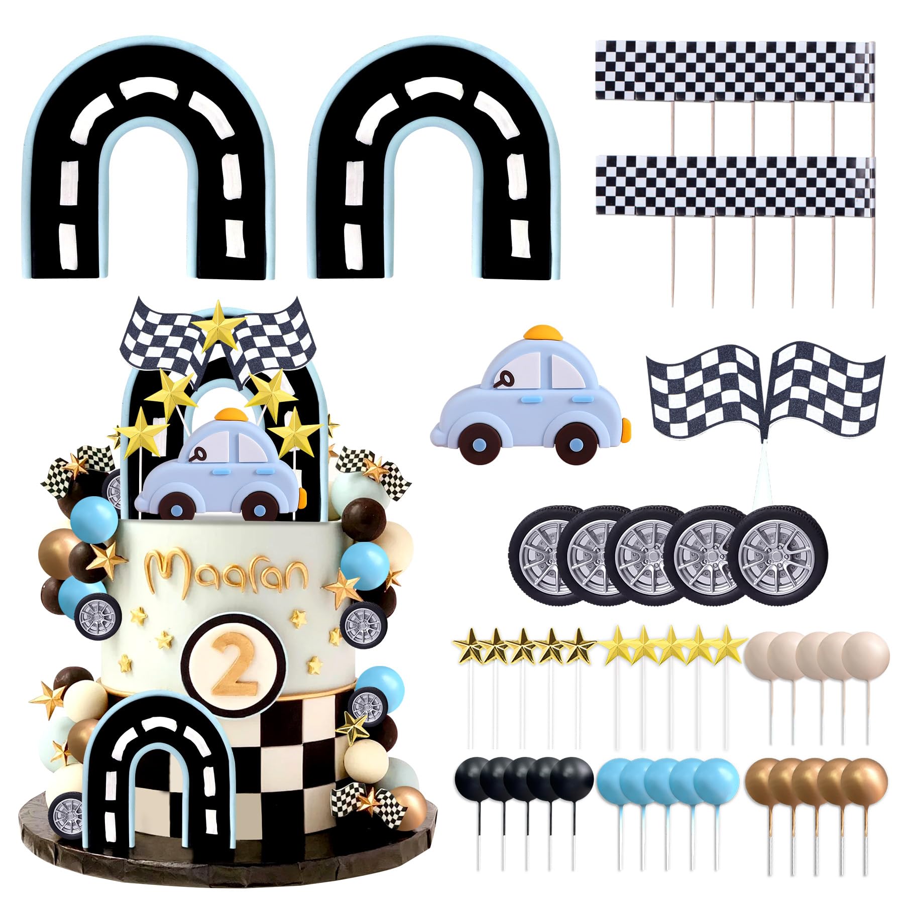 64PCS Race Car Cake Topper Cars Cake Topper Car Birthday Party Decoration Race Track Decorations