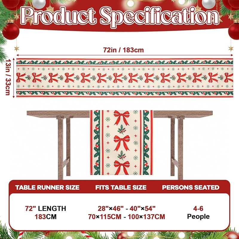 Red Bow Christmas Table Runner Decor