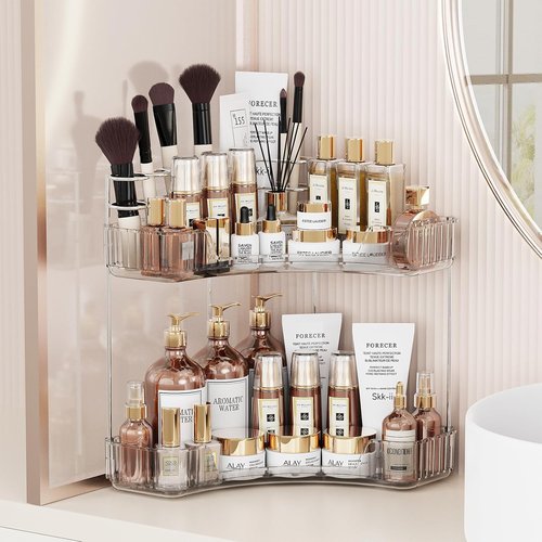 Asayuee 2-Tier Corner Bathroom Organizer - Large Makeup & Skincare Storage | Clear Design
