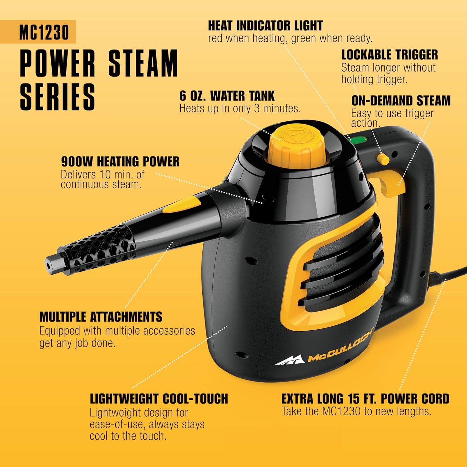 McCulloch MC1230 Handheld Steam Cleaner - 10-Minute Runtime with 11 Accessories for Home & Car Detailing