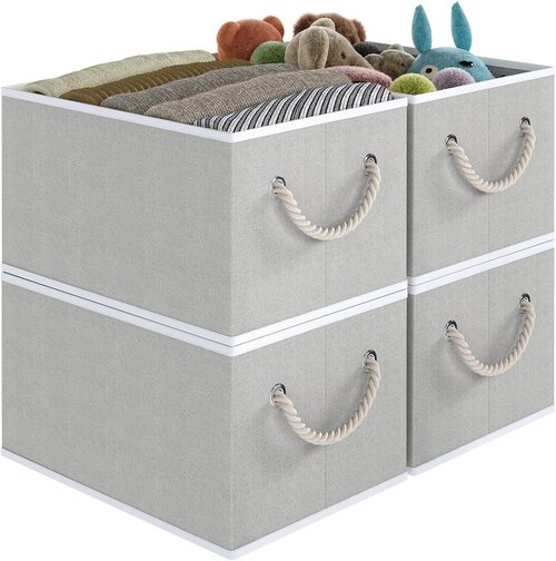 Closet Storage Bins - Linen Organizers for Shelves | Collapsible Gray Baskets, 4 Pack