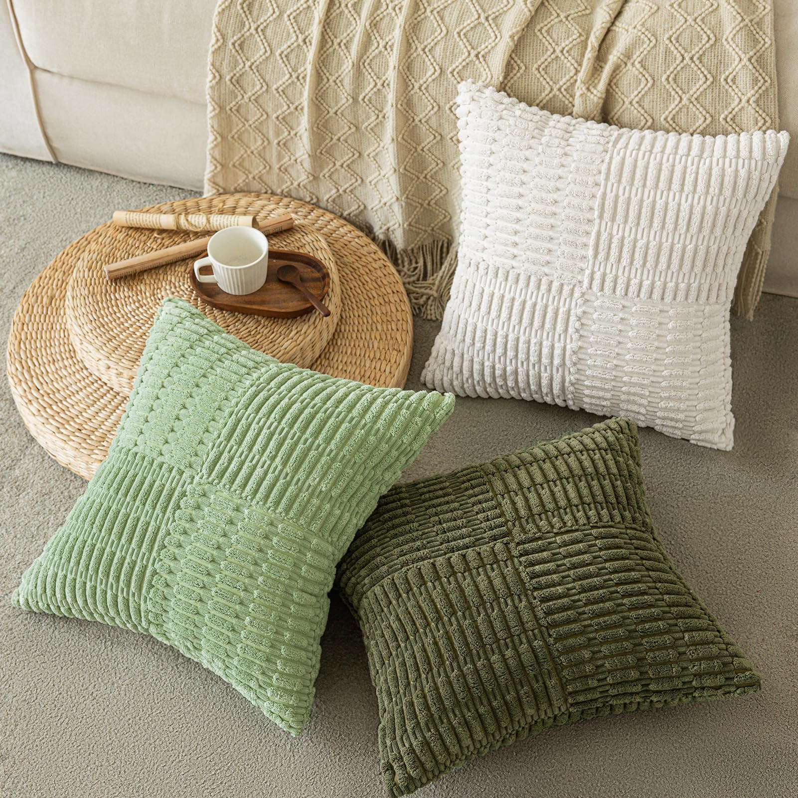 Softalker Spring 18x18 Throw Pillow Covers Cream, Set of 2 Soft Corduroy Boho Textured Modern Pillow Cases, White Decorative Cushion Covers for Couch Patio Living Room Sofa Easter Gift, Beige