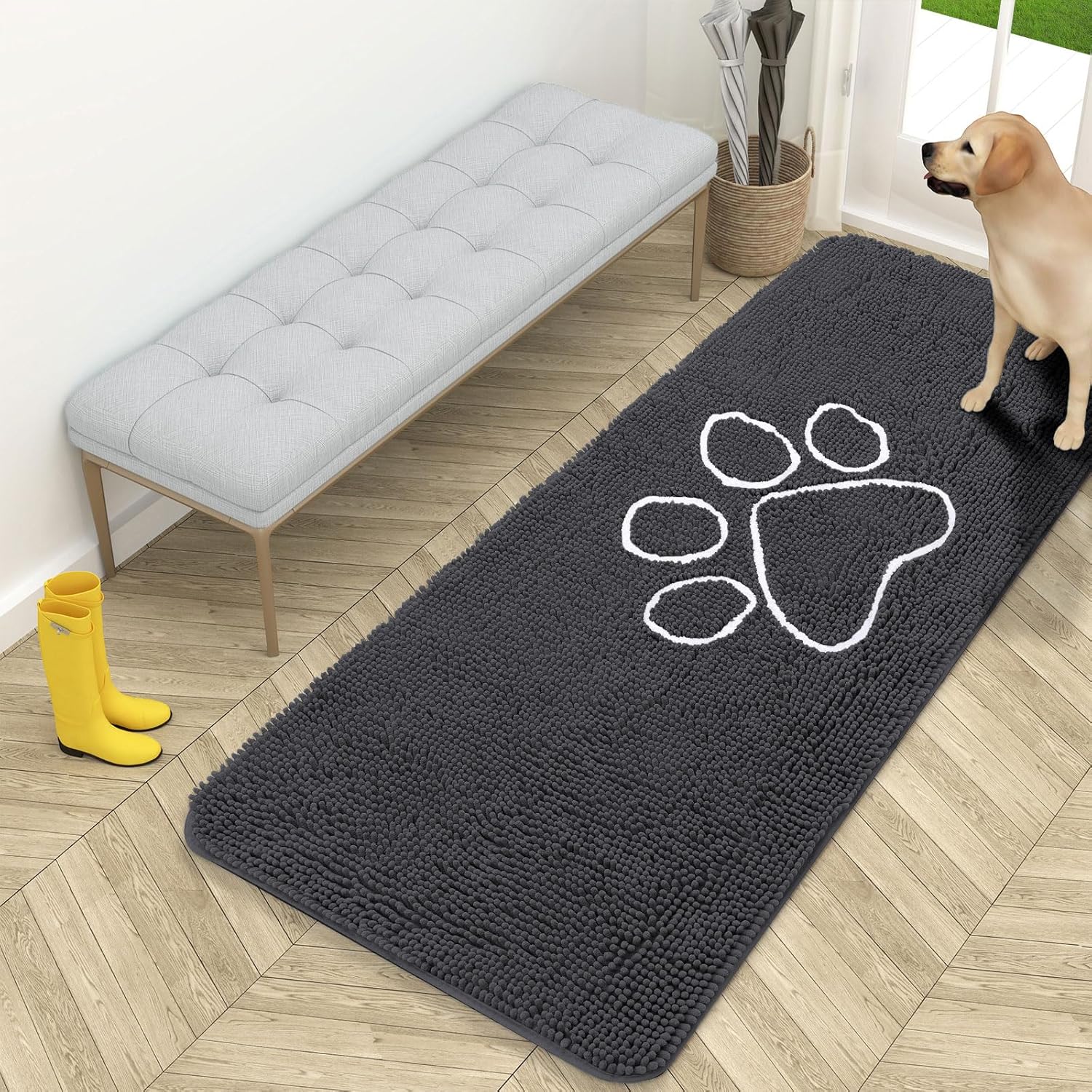 OLANLY Dog Door Mat - Absorbent Non-Slip Mud Mat for Paws | Quick Dry Chenille, 59x24, Dark Grey