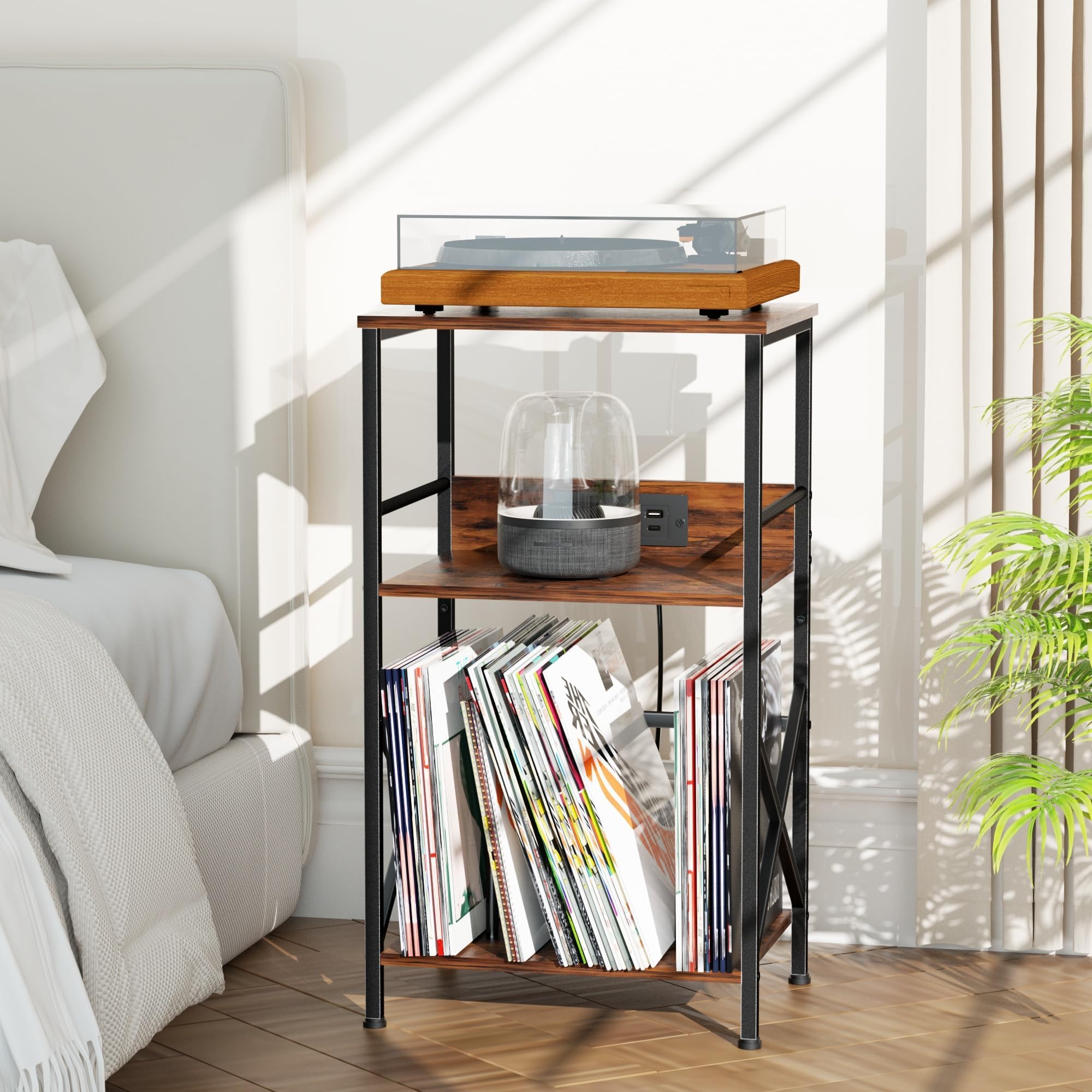 DALEMHOME Record Player Stand with Charging Station, 3-Tier Side Table for 100 Vinyl Storage, End Table for Living Room, Bedroom, Rustic Brown HKET1001BR