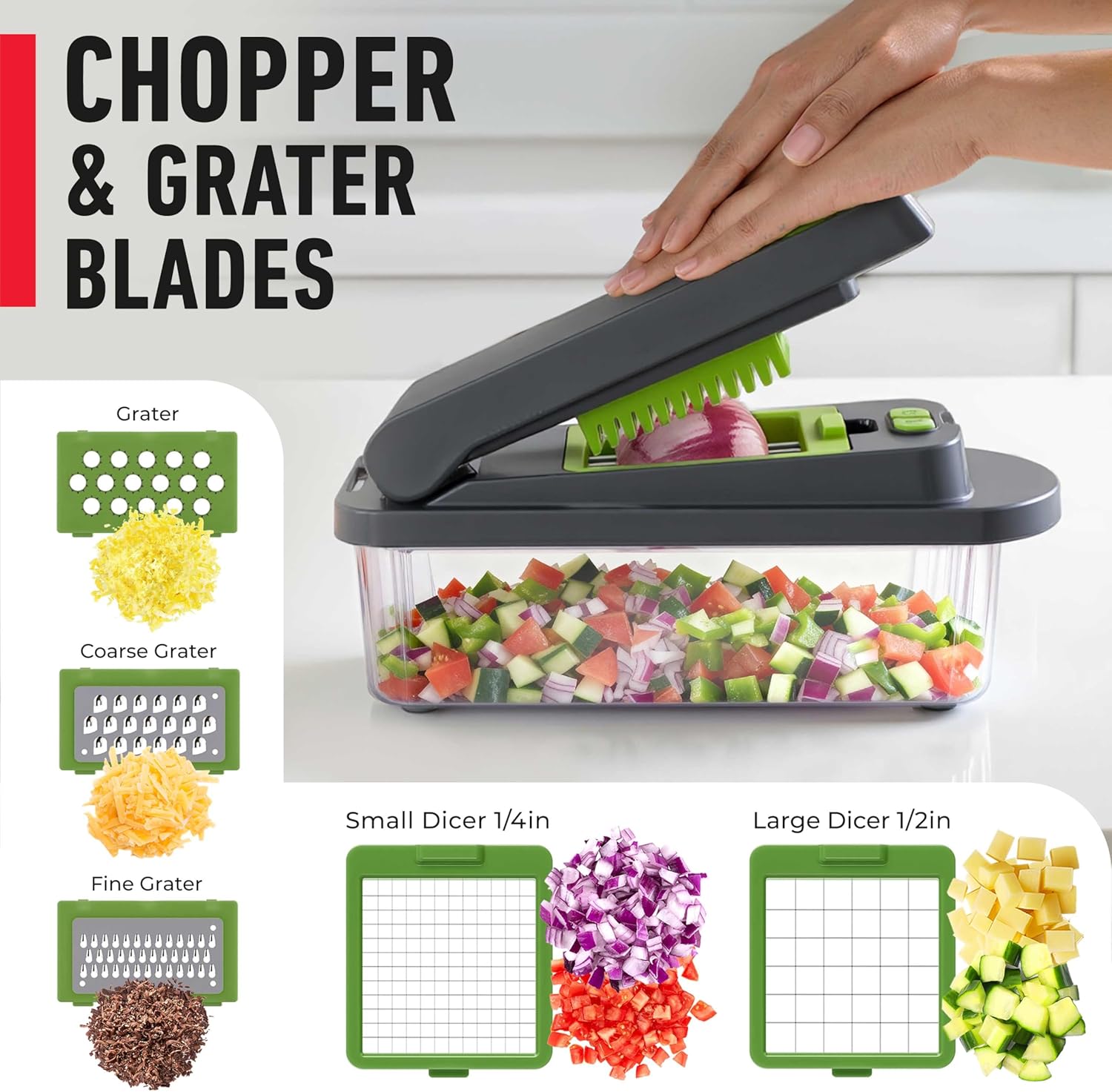 Mueller Pro-Series 10-in-1 Vegetable Chopper - 8 Blades for Easy Dicing, Slicing & Mincing | Gray/Green