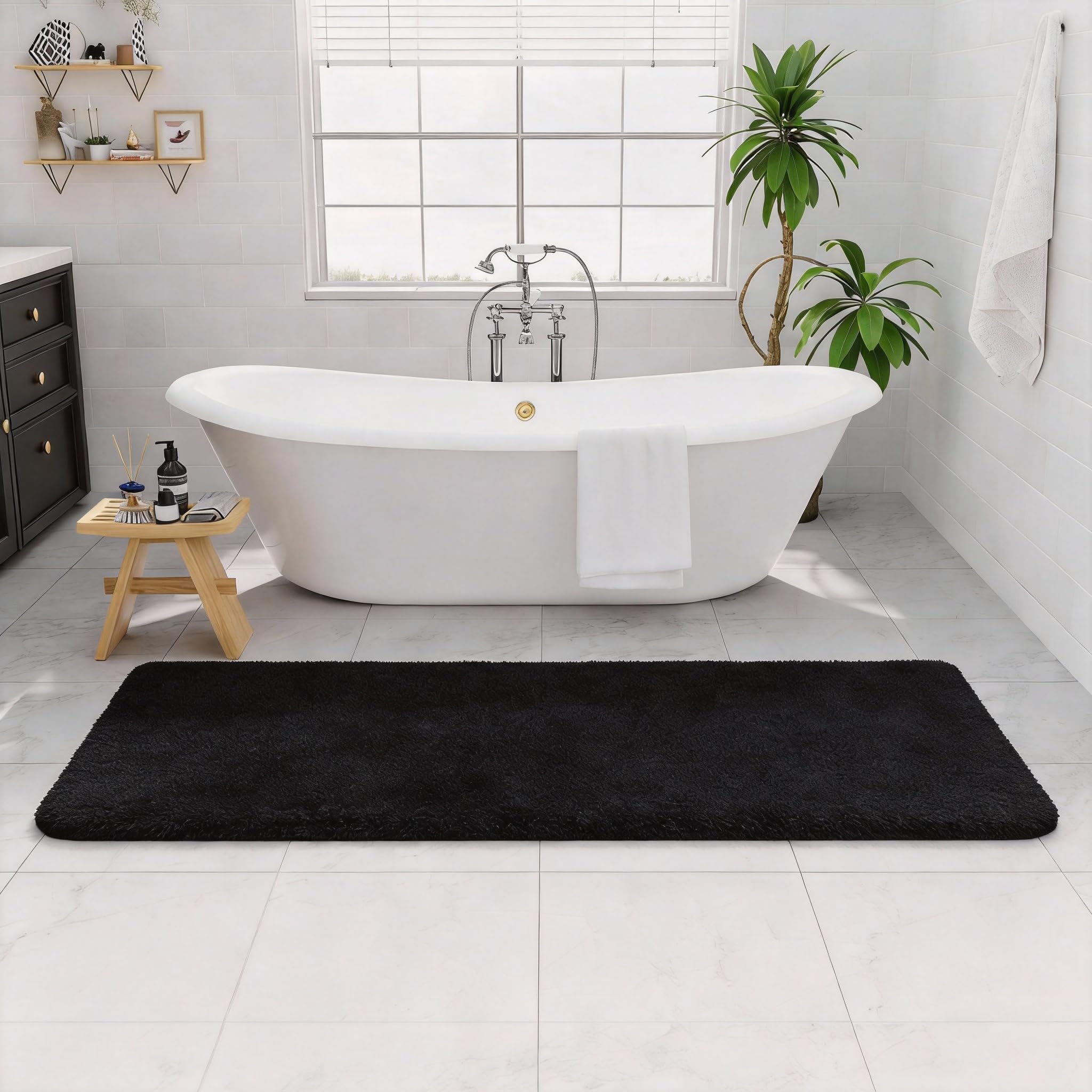 B BENRON Bathroom Runner Rugs 60x24, Extra Soft and Absorbent Bath Mats, Non-Slip Shaggy Long Bath Rug for Bathroom Floor, Tub and Shower, Machine Washable, Quick Dry, Black
