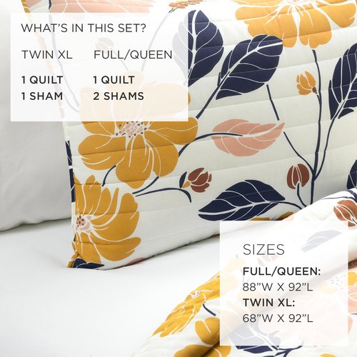 Lush Decor Lucia Abstract Floral Cotton Quilt Twin XL Size 2 Piece Set Yellow & Navy - Dorm Bedding Set Twin XL Quilt - Floral Quilts - Dorm Decor