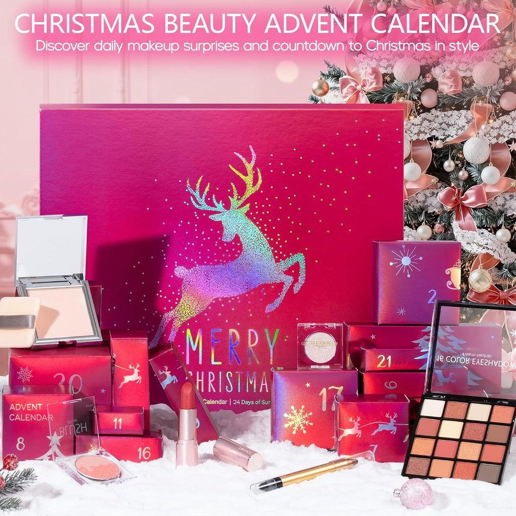 Qinline Makeup Advent Calendar 2025 | 24-Day Christmas Countdown for Women & Teens - Full Face Cosmetic Gift Set