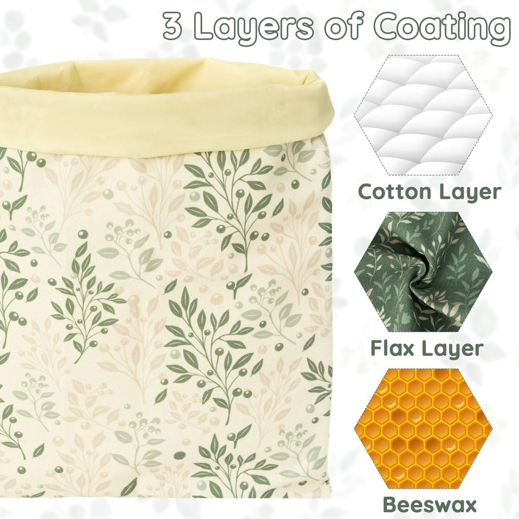 GQIRIL Reusable Beeswax Bread Bags - 2 Pack Bees Wax Food Bag, Homemade Sourdough Bread Storage, 2-in-1 Linen Cotton Large Freezer Container Home Baking Accessories with Lining (Green Leaf)