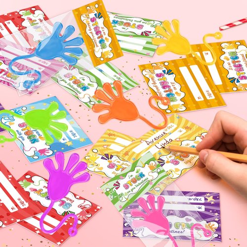 Valentines Day Cards for Kids School, 28 Packs Valentine Day Gifts with Cards for Kids Classroom with Funny Sticky Hands toys, Valentines Party Favors Exchange Gift for Boys Girls
