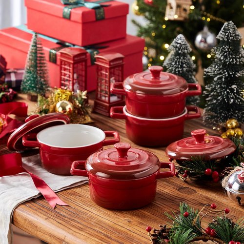 Lareina Mini Cocotte - 12oz Ceramic Casserole Dishes - Oven & Dishwasher Safe - Set of 4 in Red
