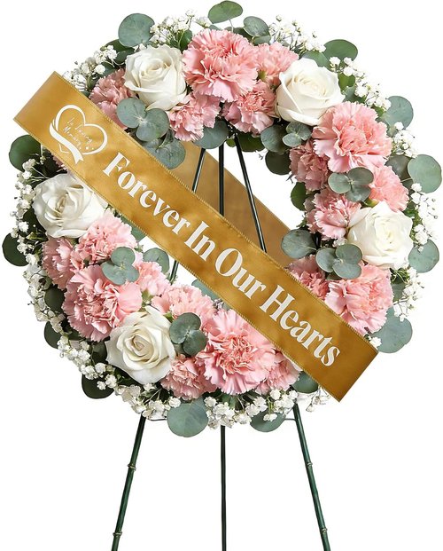 Elegant Funeral Wreath Sash - Forever in Our Hearts Memorial Ribbon for Graves & Wreaths (Golden)