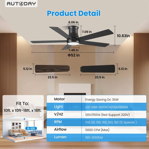 Autoday 52 Inch Low Profile Ceiling Fan with Light, Black Flush Mount Ceiling Fans with Lights and Remote, 6 Speeds Reversible Quiet DC, 3CCT Dimmable, Indoor Outdoor Ceiling Fans for Patios Bedroom