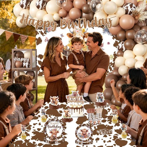 cocomigo 300 PCS Highland Cow Birthday Decorations, All-in-One Party Pack with Backdrop, Balloon, Plates and Napkins, for Highland Cow Themed Birthday Party, Serves 25 Guests