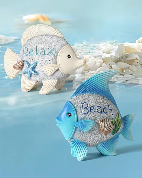 iStatue 2-Pack Resin Fish Figurines - Cute Coastal Nautical Decor for Home, 4.4'' Beach Theme