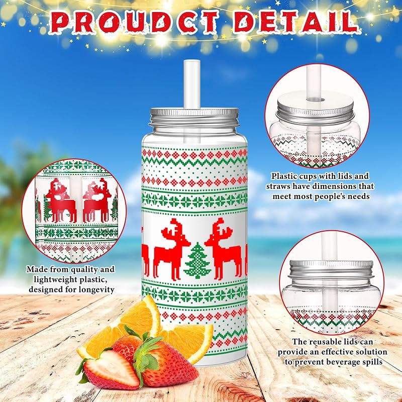 Elk Christmas 24 Pcs 13.5 oz Reusable Plastic Cups with Lids & Straws - Variations Included