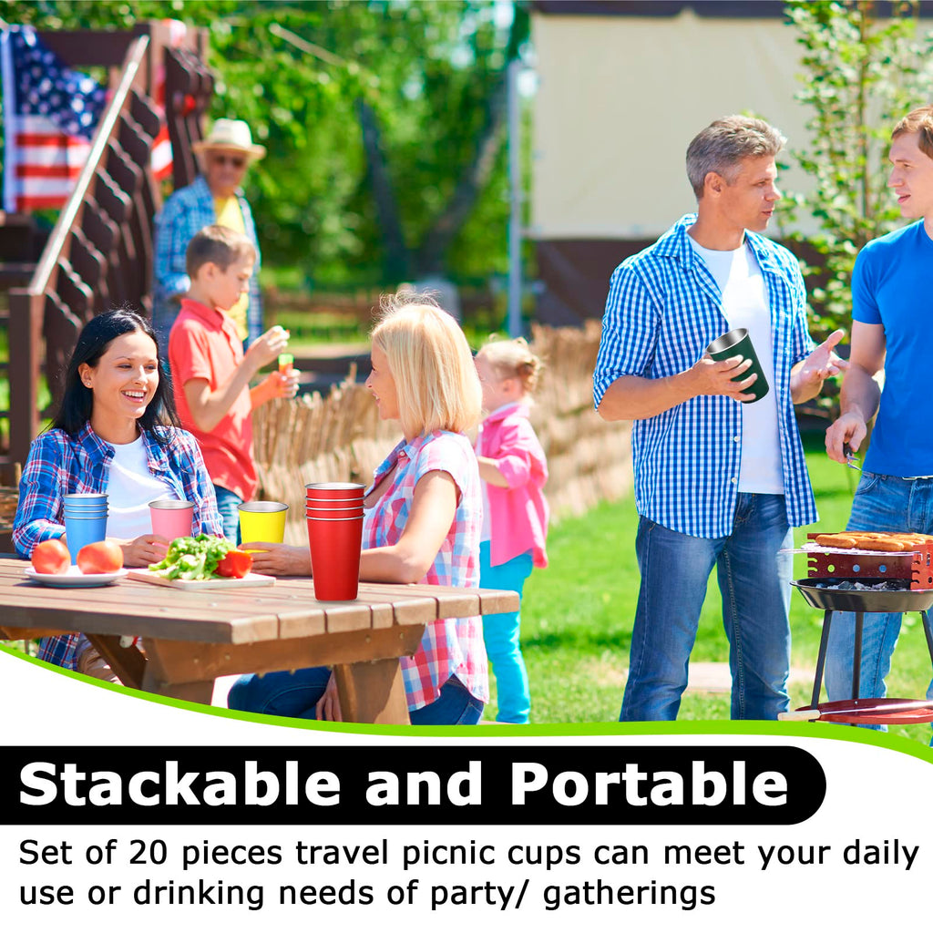 Mimorou 20 Pack Stainless Steel Pint Cups Metal Cups Unbreakable Drinking Water Tumblers Stackable Tumbler for Adults Bar Home Restaurant Travel Picnic Camping Outdoor (Multicolor,16 oz)