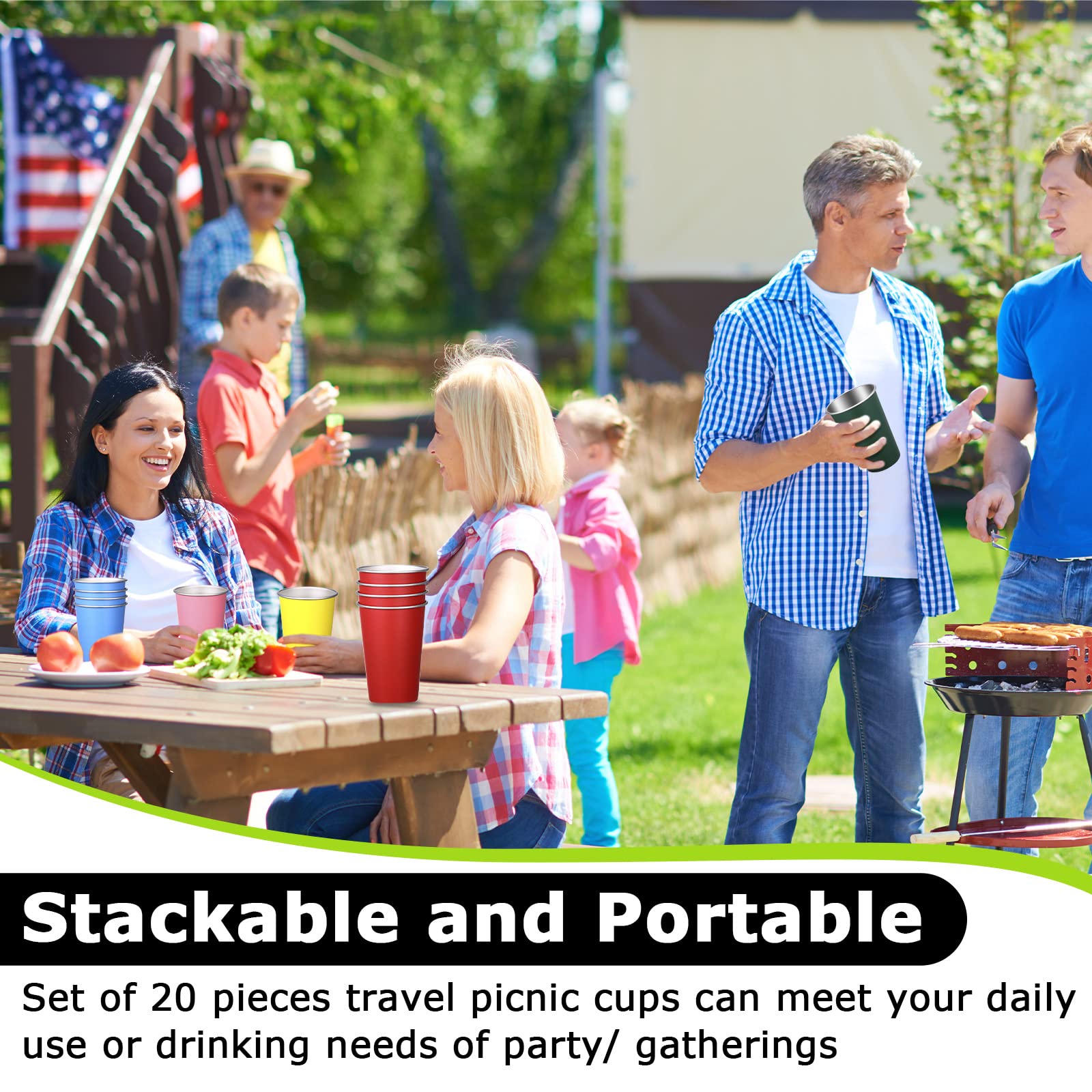 Mimorou 20 Pack Stainless Steel Pint Cups Metal Cups Unbreakable Drinking Water Tumblers Stackable Tumbler for Adults Bar Home Restaurant Travel Picnic Camping Outdoor (Multicolor,16 oz)