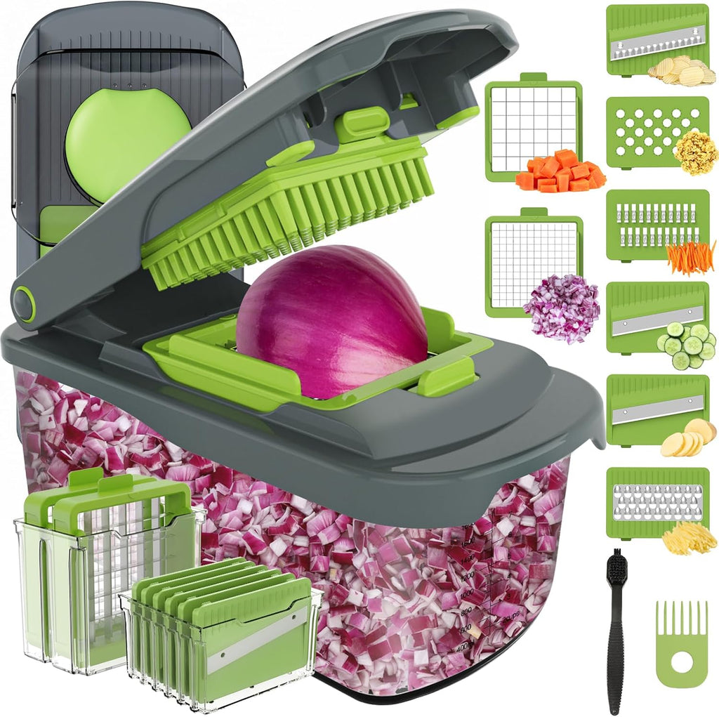 Ourokhome Food Chopper - Manual Handheld Vegetable Slicer with 8 Blades | Essential Kitchen Gadget (Gray)