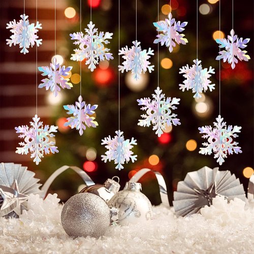 Hugtmr Iridescent Holographic Snowflake Garland | 12Pcs 3D Winter Wonderland Decorations for Christmas & Parties
