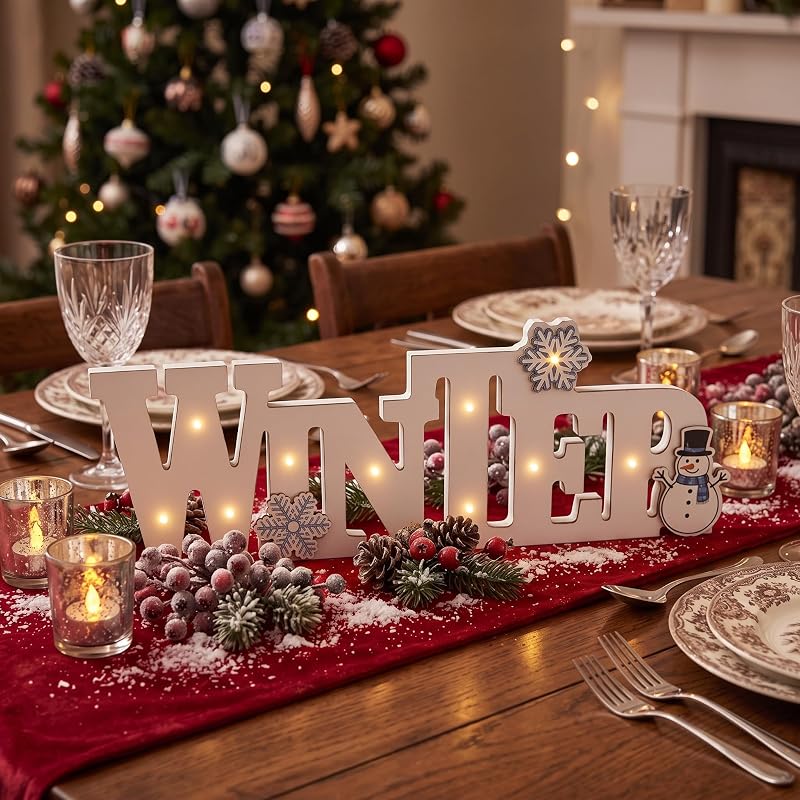 Wooden Winter Sign Lighted Tabletop Decor - White LED Centerpiece (White+Winter)