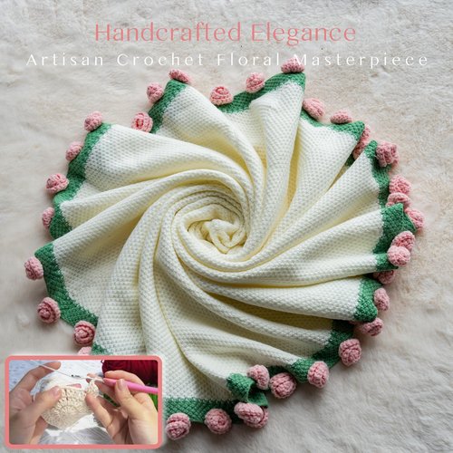 EIGHTOWN 43'' Crochet Pink Rose Bouquet Blanket Finished - Handmade Knitted Throw Blanket - Home Décor Ideal Gift for Mom - Mother's Day Birthday Valentine's Day (Pink Rose)