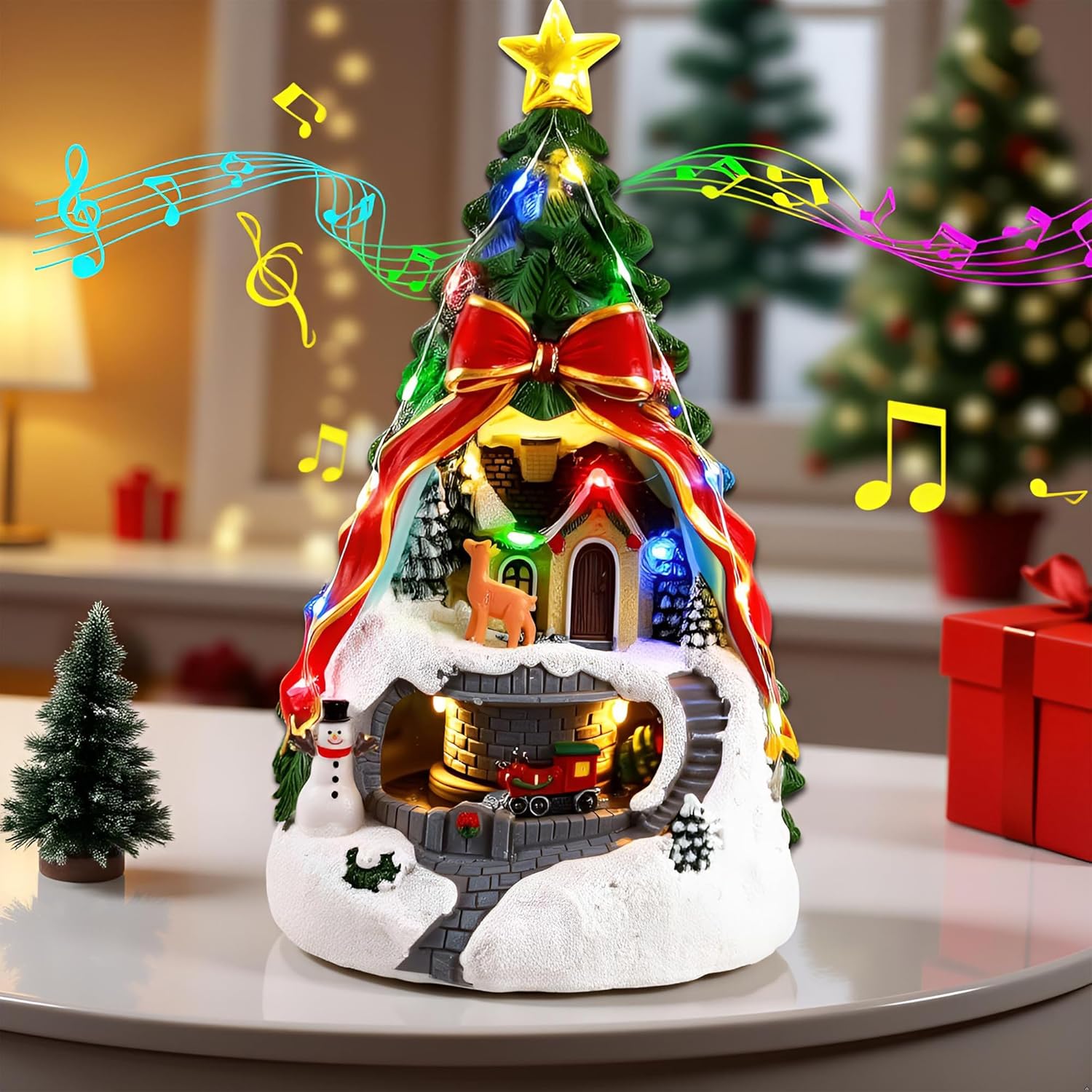 Musical Christmas Village with Spinning Train & Deer | Pre-Lit Artificial Tree - Battery & USB Operated - Festive Tabletop Decor