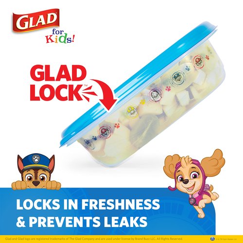 Glad for Kids GladWare Paw Patrol Medium Square Lunch Containers with Lids - 25 oz Food Storage for Kids Snacks and Meals - Tight-Seal Plastic Containers with Paw Patrol Design, 5 Count