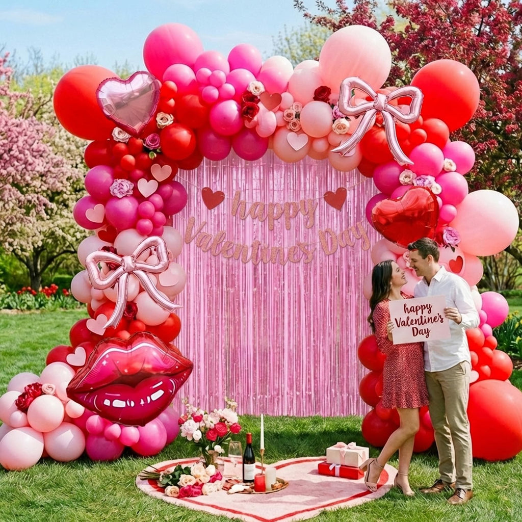 Galentine's Day Balloon Arch Kit - 133 Pcs Pink Red GALS Letter Balloons, Heart, Lip & Bow Foil Balloons with Pink Curtain for Valentine's Day, Bachelorette, Birthday Party Decorations