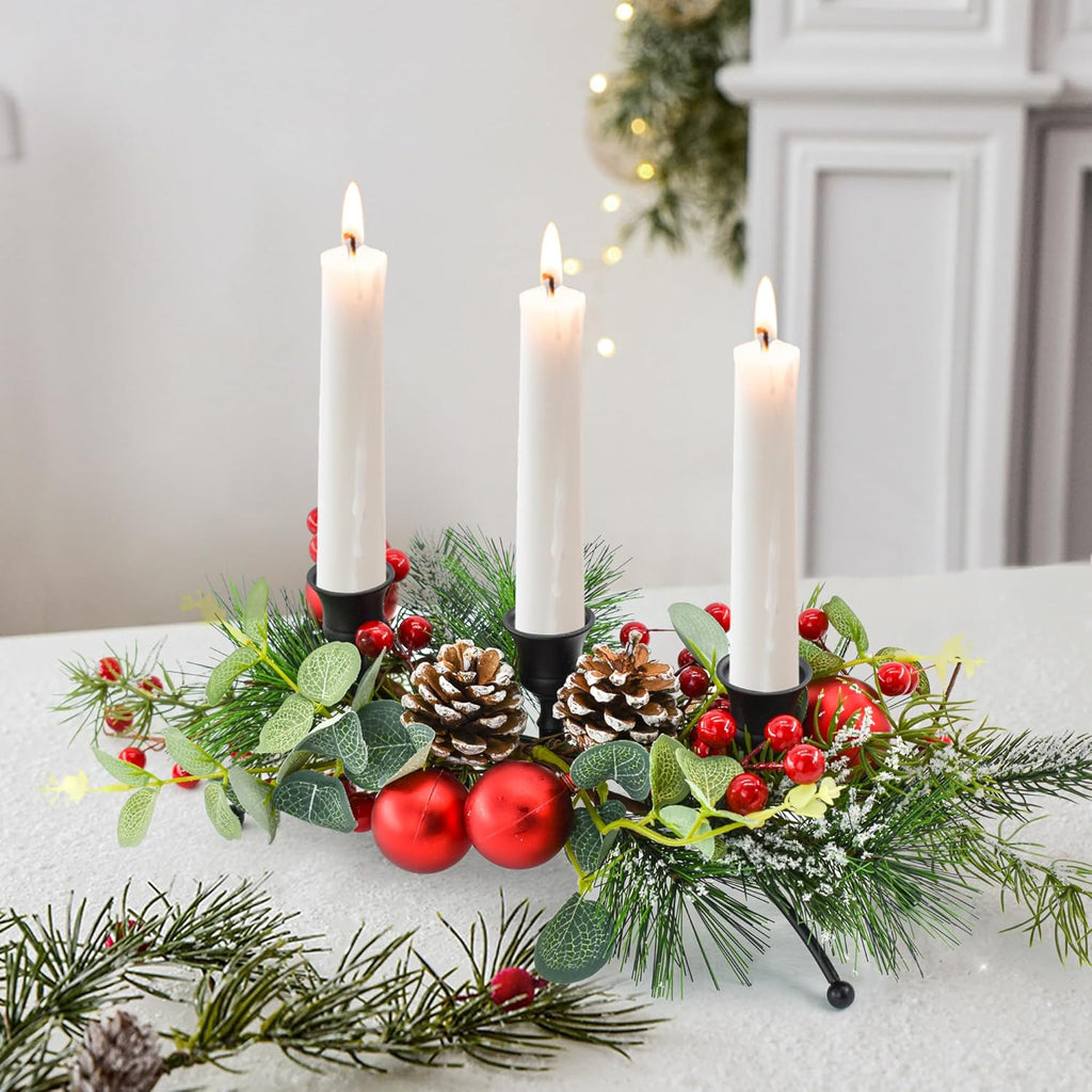 MrMrKura Christmas Tabletop Centerpiece - 3 Candle Holders with Pine Cones & Red Berries for Dining Room Decor