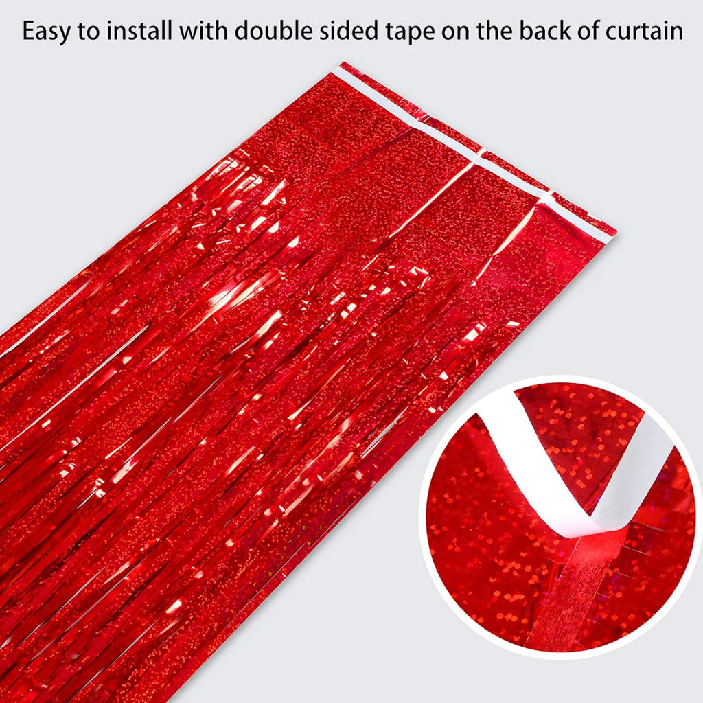 Red Foil Fringe Curtain | Shiny Tinsel Backdrop for Birthday Parties & Photo Booths - 3 Pack, 3.2 x 8.2 ft