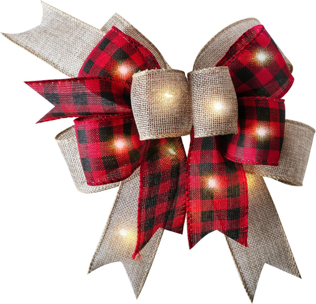 SIMISI Ribbon LED Christmas Bow - Rustic Buffalo Plaid Burlap with Lights | 9.5 x 13 Inch