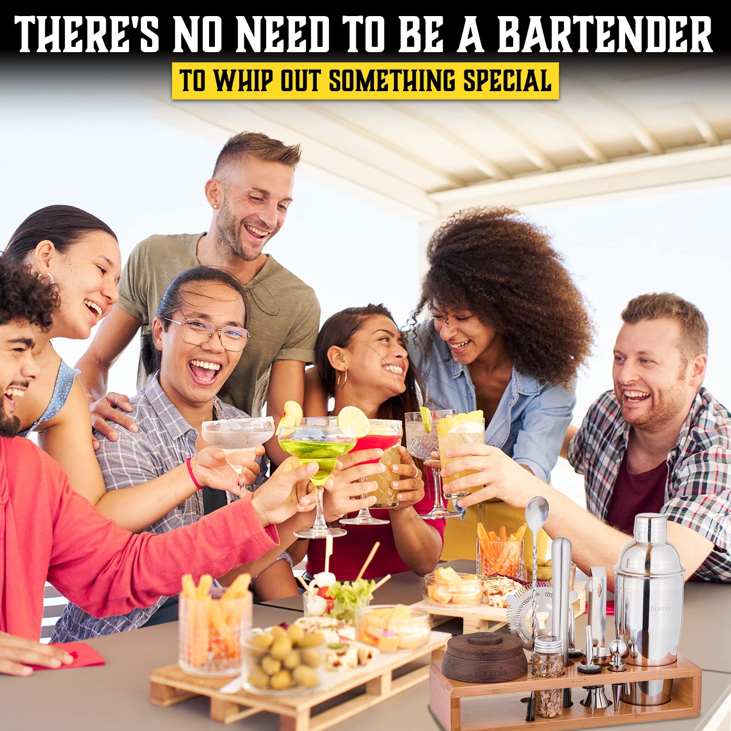 Bartender Kit with Whiskey Smoker - 13 pcs, Bamboo Stand - Bar Set with Cocktail Shaker, Bartending Kit with Essential Bar Accessory Tools, Wood Chips, Black Matte