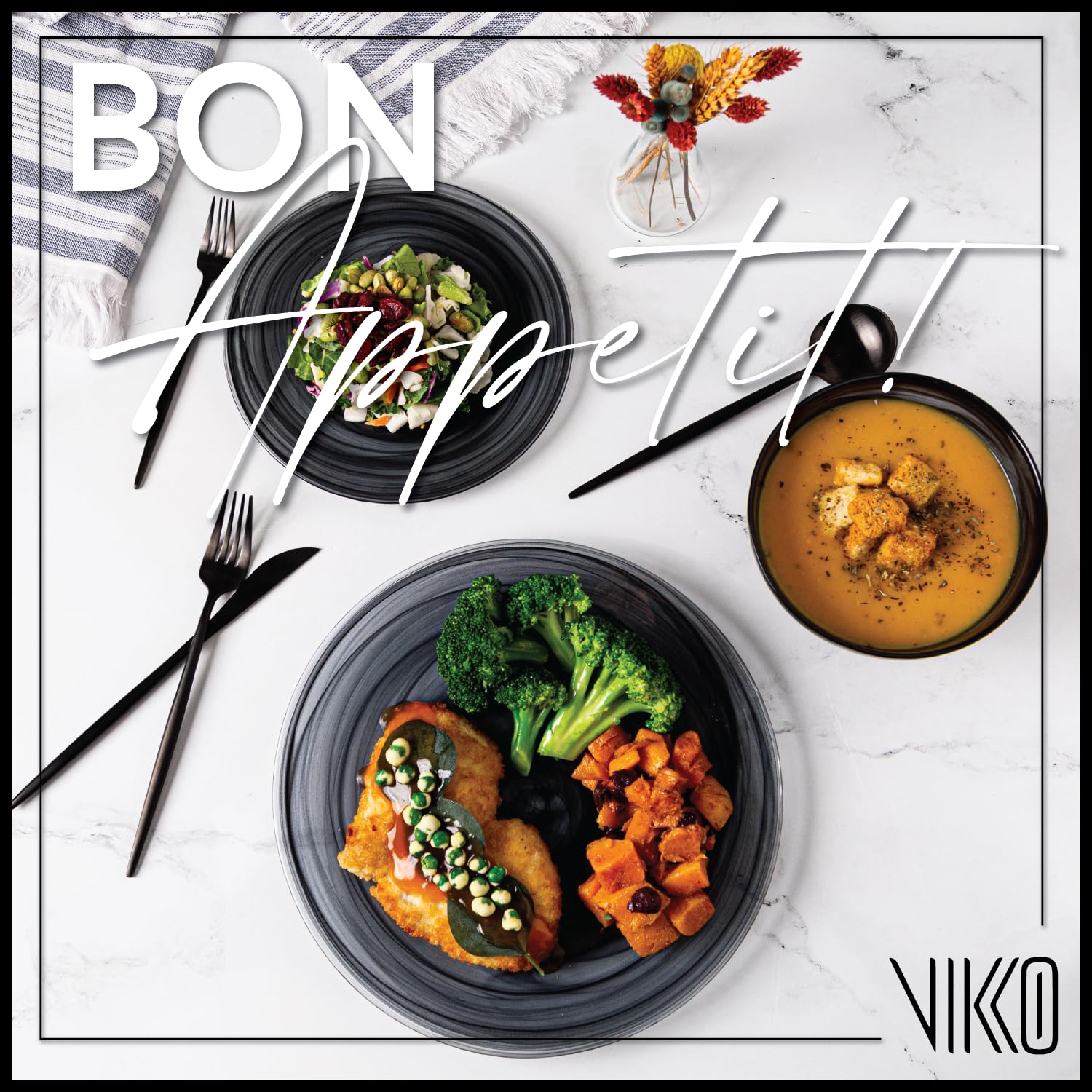 Vikko Dinner Plates, Set of 6 Black Alabaster Plates, 11" Plate with Marbelized, Swirl Design, Elegant Glass Plate, Dishwasher Safe