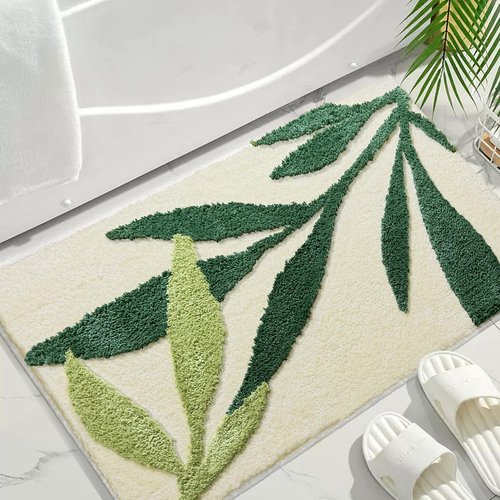 Green Bathroom Rug, Sage Green Leaves Rug, Soft Water Absorbent Non-Slip Washable Bath Mat for Bathroom, Tub and Floor, Botanical Shower Decor Carpet & Doormat, 18"x26"