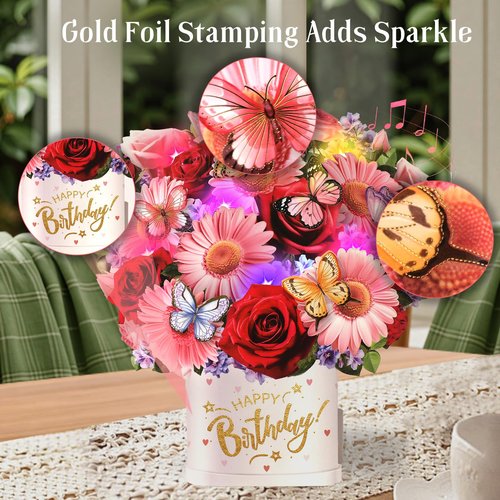 Ecloverlife Birthday Cards with Music & Lights, Pop Up Happy Birthday Cards, 10 Inch Size Daisies & Butterflies Flower Bouquet, Birthday Cards for Girls, Women, Wife, Mom, Sisters