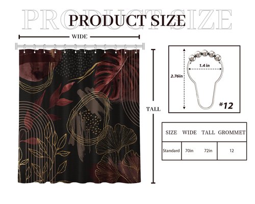 soeeao Black and Dark Red Shower Curtain Mid Century Modern Burgundy Maroon Leaf Shower Curtains for Bathroom Decor Set, Waterproof Cloth Fabric with Hooks, 70" W x 72" L
