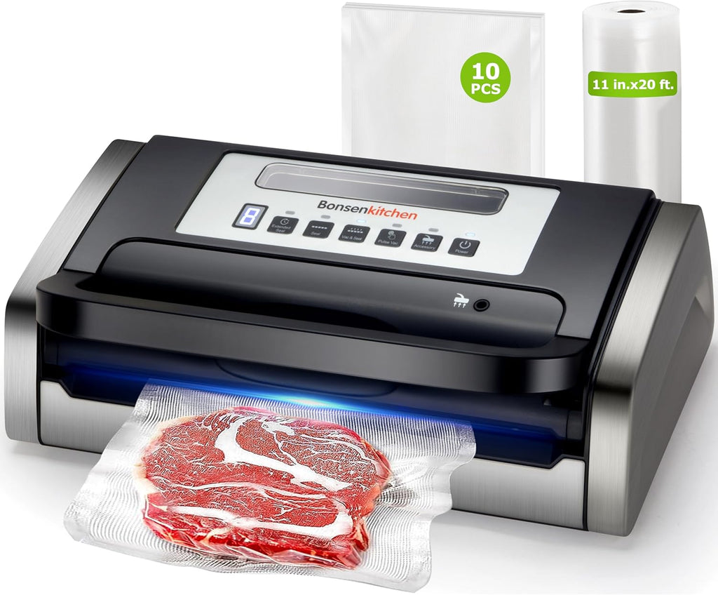 Bonsenkitchen Vacuum Sealer Machine - Powerful Low-Noise Design with Built-In Cutter & Bag Storage | Includes 1 Bag Roll & 10 Bags