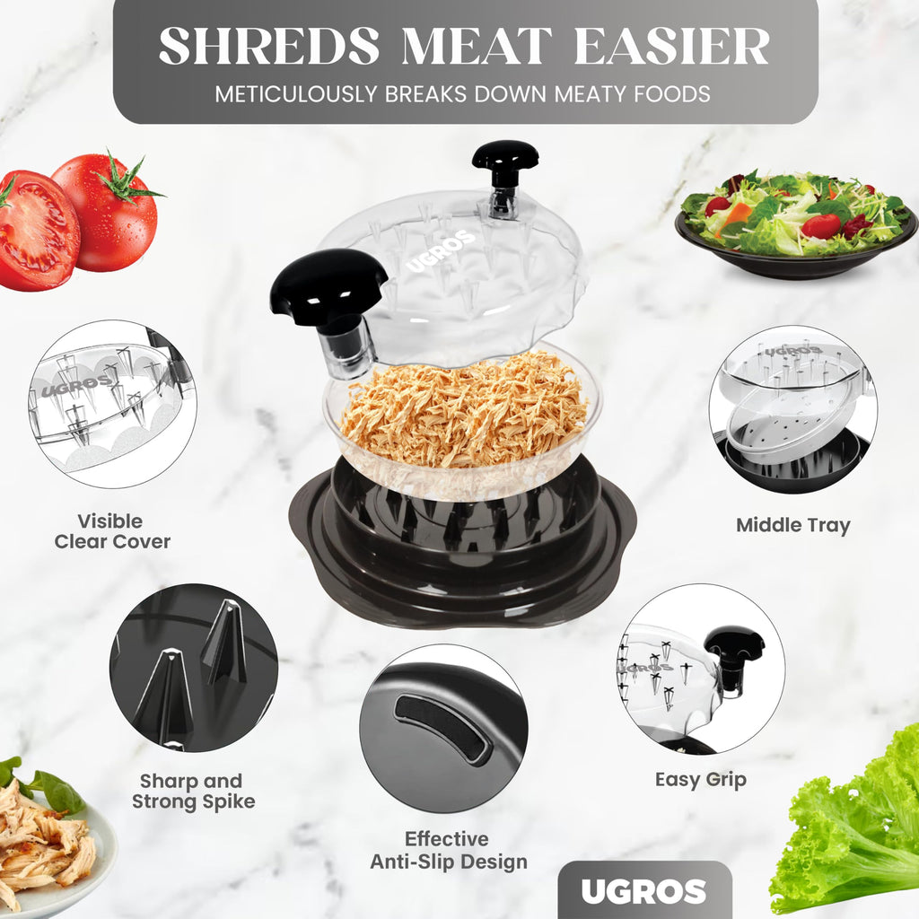 UGROS Chicken Shredder Large Tool Twist with Middle Plate, Food Tongs and Brush, Chicken Breast Shredder with Visible Anti Slip Design and Ergonomic Handles, BPA Free, Suitable for Chicken Pork Beef